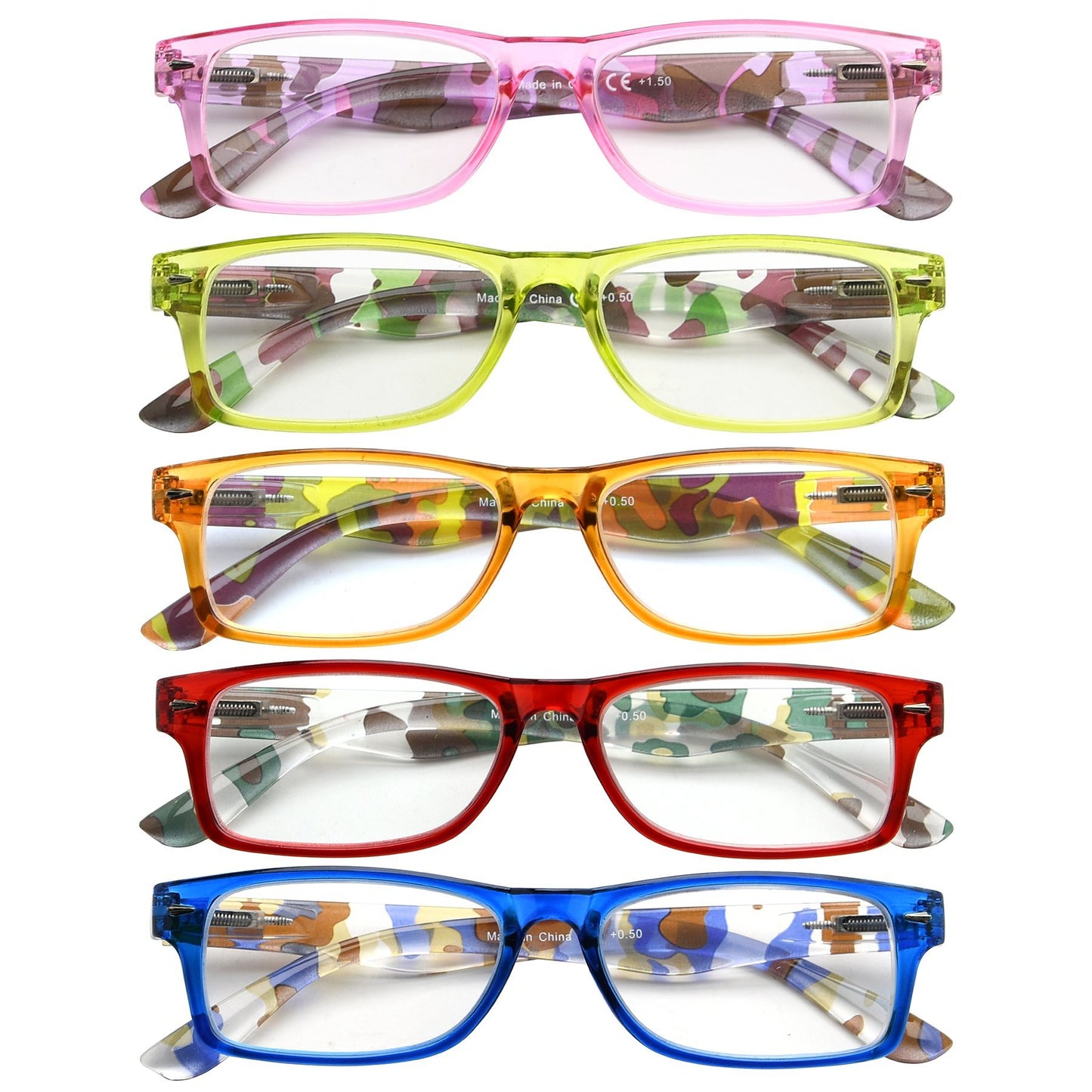5 Pack Cute Reading Glasses with Camouflage Temples R066C
