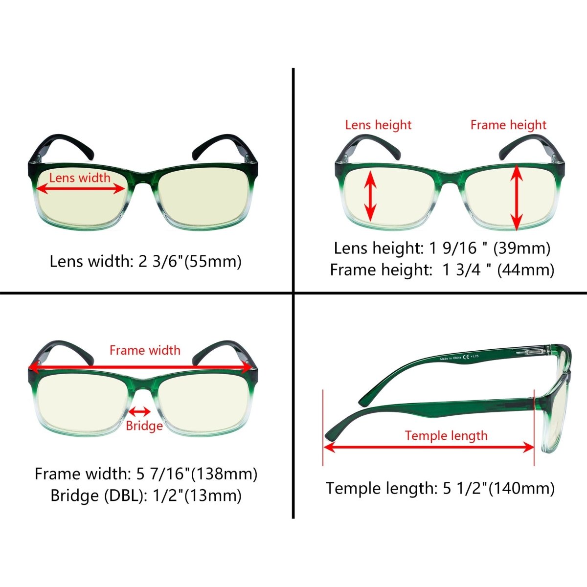 10 Pack Stylish Rectangle Blue Light Filter Reading Glasses UVRT1805eyekeeper.com