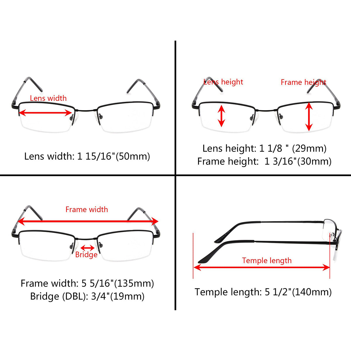 4 Pack Half-rim Reading Glasses with Titanium Bridge R1708