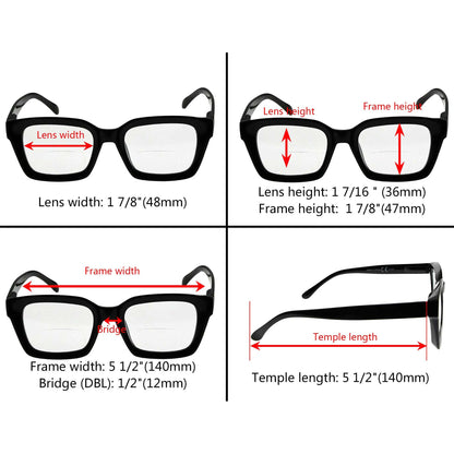 4 Pack Thicker Frame Bifocal Reading Glasses Square Readers BR9106