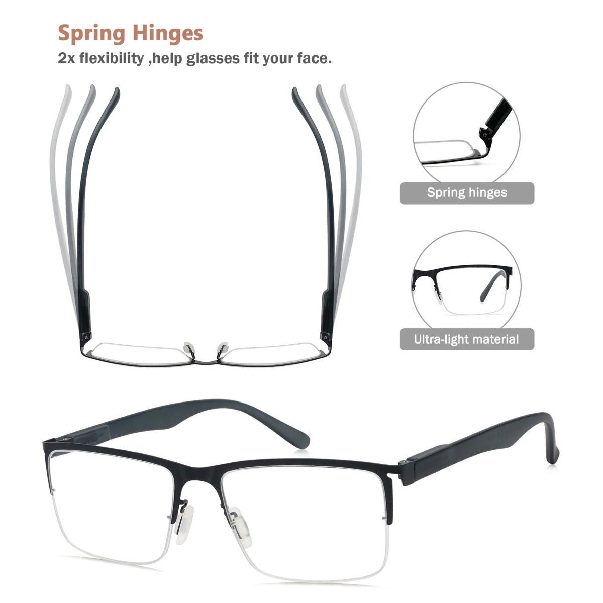 4 Pack Lightweight Metal Rectangle Reading Glasses R2201eyekeeper.com