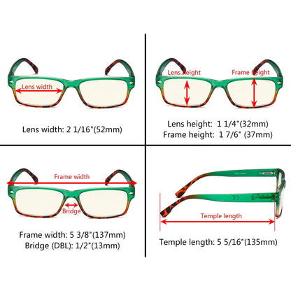 4 Pack Rectangle Blue Light Filter Reading Glasses UVR108D