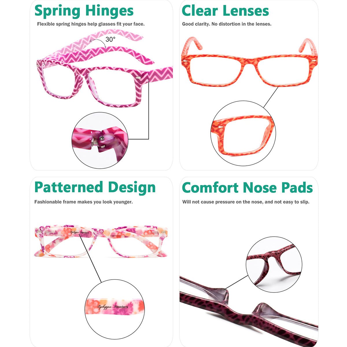 5 Pack Colorful Patterned Reading Glasses Fashionable Readers R066eyekeeper.com